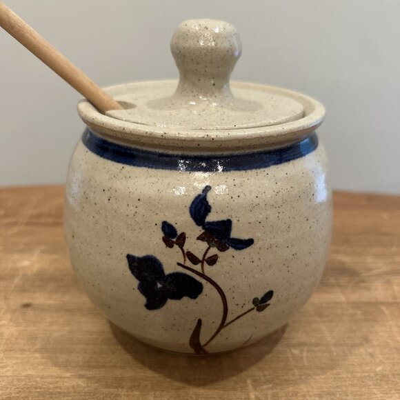 Honey Pot Jar Studio Pottery Artist Signed Blue & Neutral Salt Glaze - Picture 1 of 3